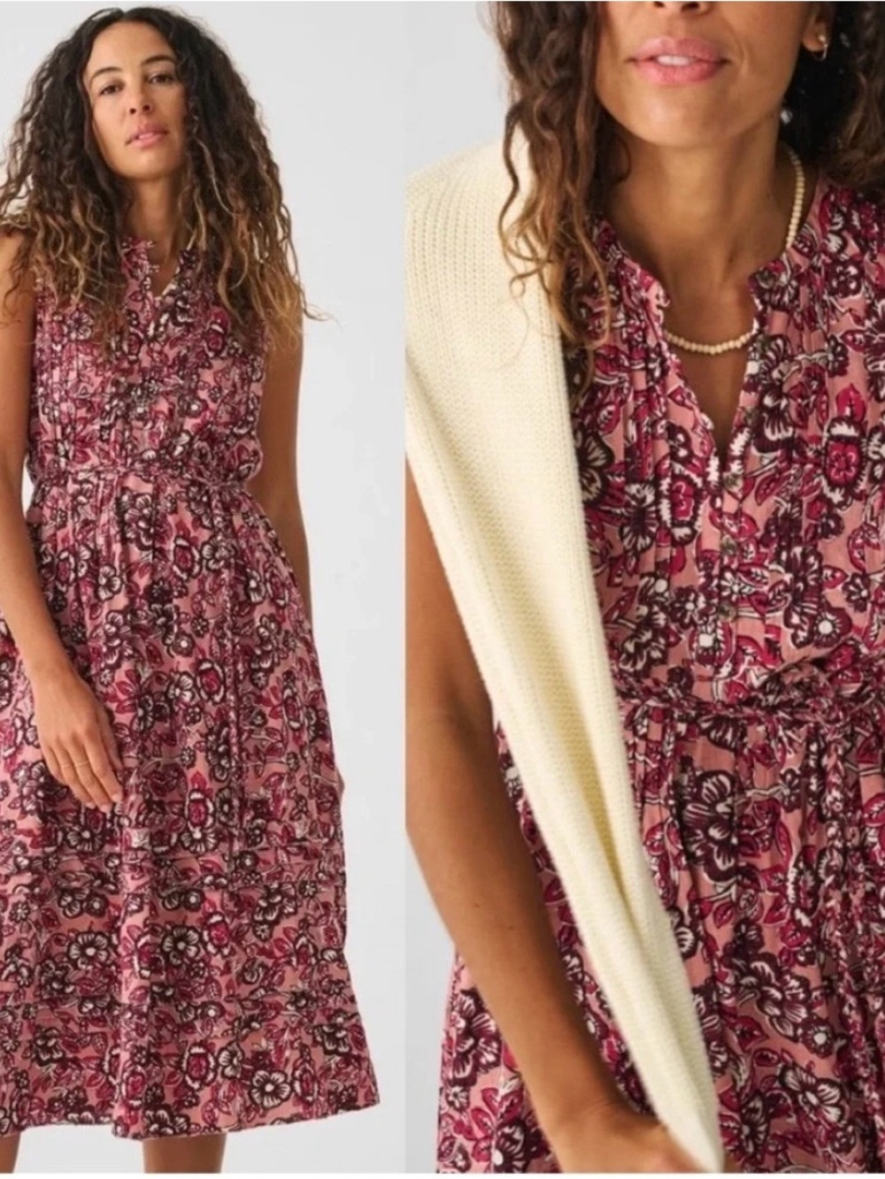 Faherty Isha Midi Dress, Linen Blend Button Front, Belt, Pockets Size Small